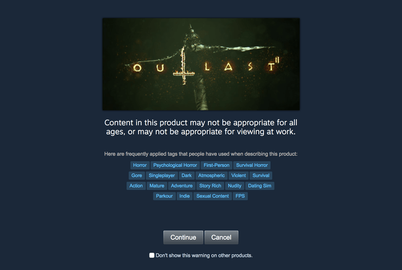 Button-type age check for the game "Outlast"