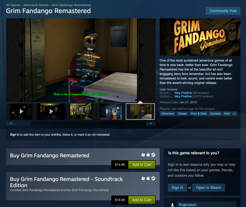 The Steam store page for Grim Fandango