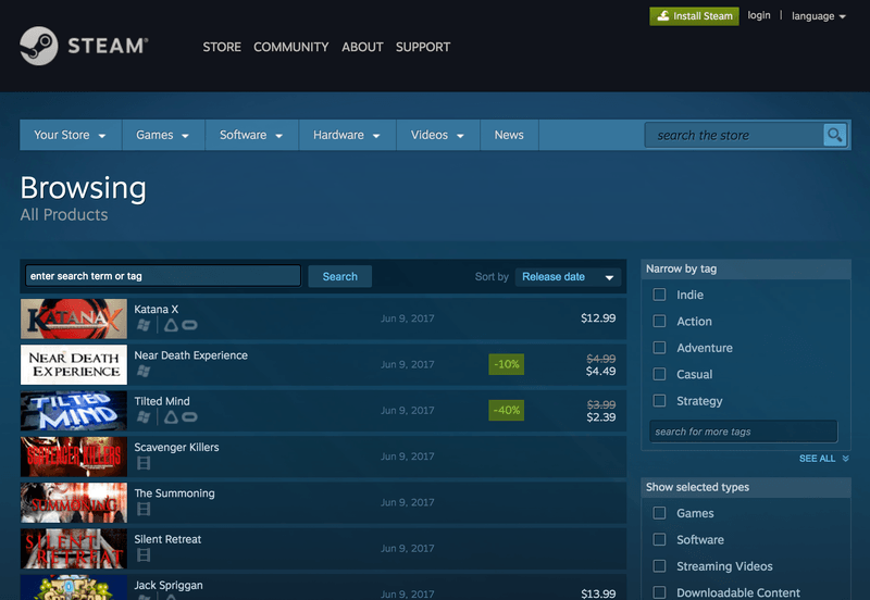 Steam's product search page